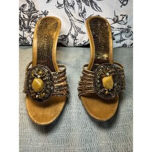 Charles David Heels Slide On BOHO Vintage Stones Wood Sole Crackle 5.5